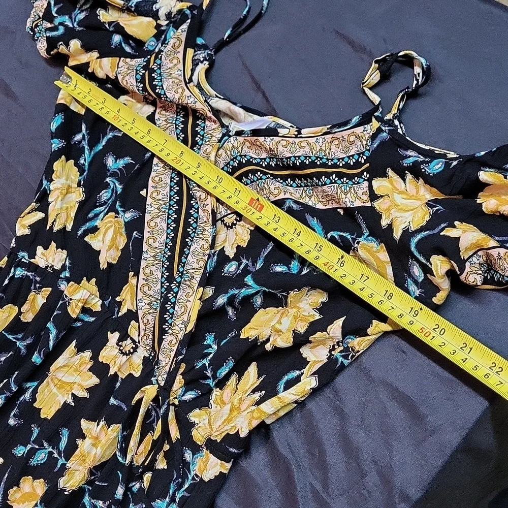 Xhilaration Cold Shoulder Yellow Black Floral V Neck Tassels Maxi Dress - Picture 9 of 12